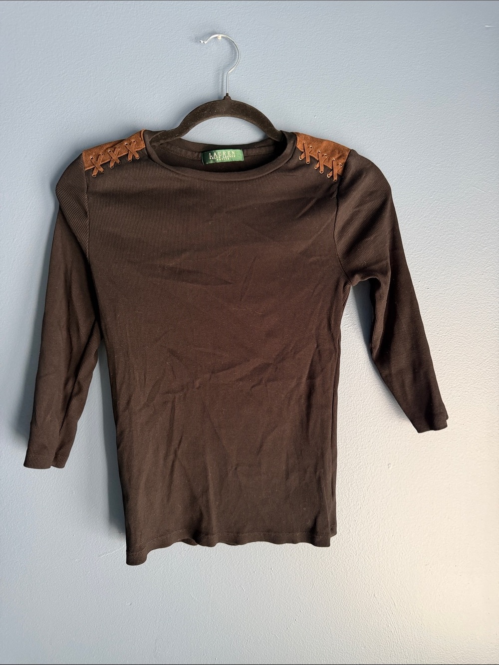 Lauren Ralph Lauren Long Sleeve Top with Tan Shoulder Lace